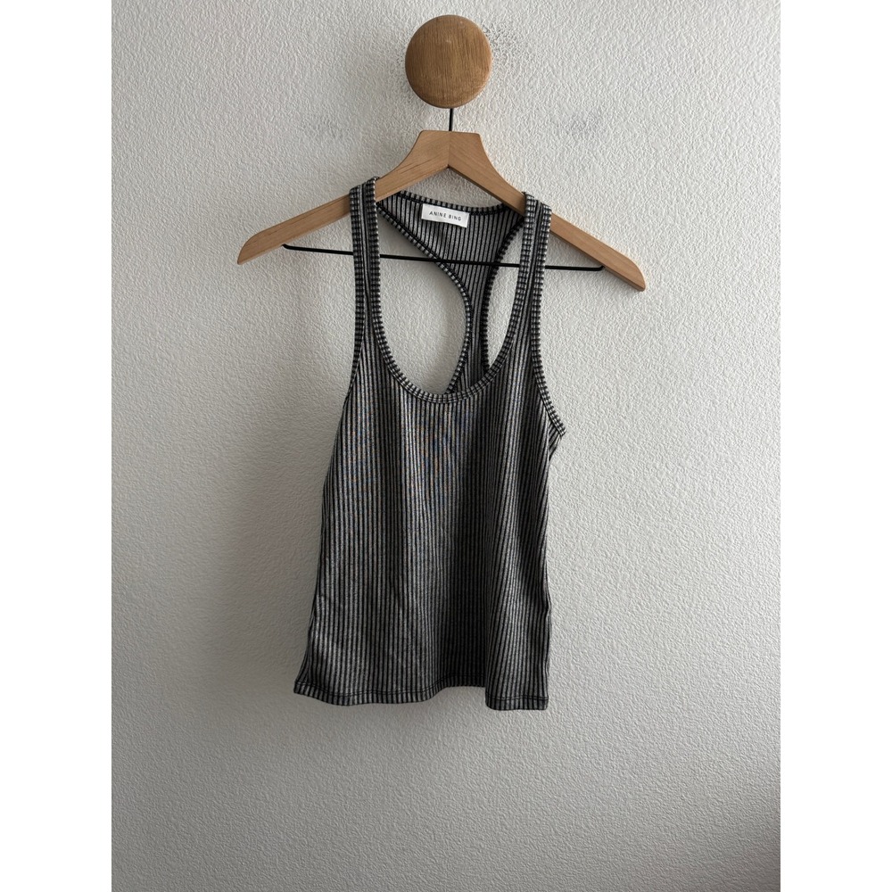 Anine Bing Grey Black Striped Ribbed Asymmetrical Racerback Tank Top XS